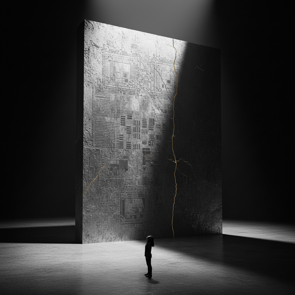 A monumental semiconductor wafer rendered as a towering monolith, half lit half in shadow, a tiny human silhouette dwarfed at its base, monochrome editorial style