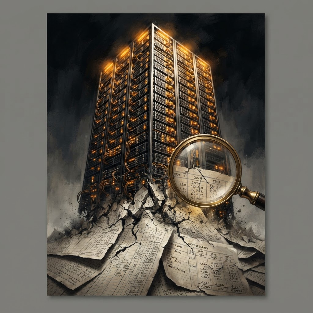 A towering AI data center of glowing GPU servers whose foundation dissolves into accounting ledger paper, examined by a giant auditor's magnifying glass, dramatic editorial chiaroscuro