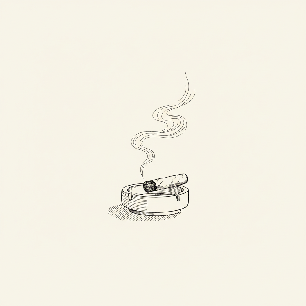 Line-art illustration of a cigar stub with a last wisp of smoke