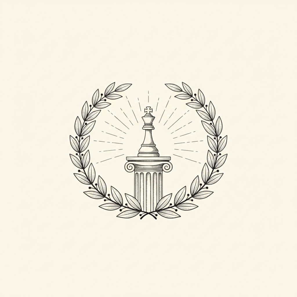 Line-art illustration of a laurel wreath around a chess king on a pedestal