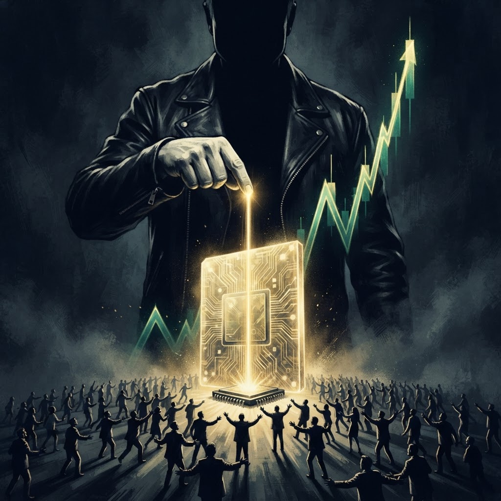 A godlike figure in a leather jacket points at a tiny chip, a beam of light inflating it into a giant golden monument as tiny investors rush toward it, dramatic editorial style