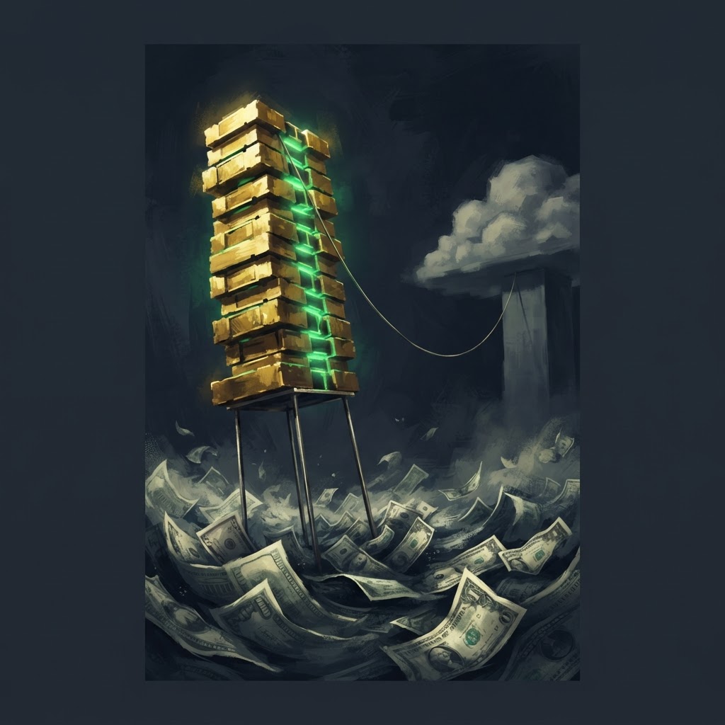 A towering stack of golden GPU bricks teetering on a thin stilt above a churning sea of debt contracts, connected by a single fragile cable to a distant hyperscaler cloud, dramatic editorial style