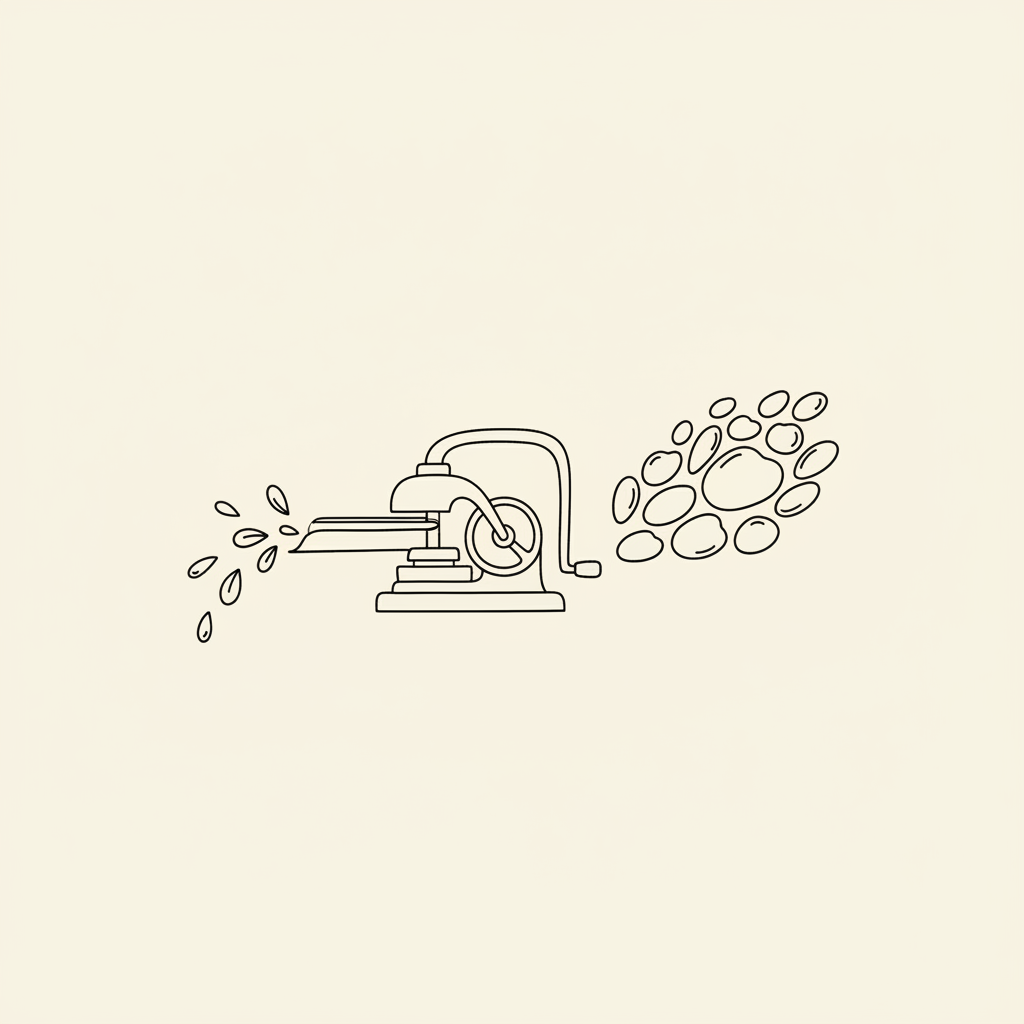 Line-art illustration of a small input transformed by a craft press into a larger, fuller output