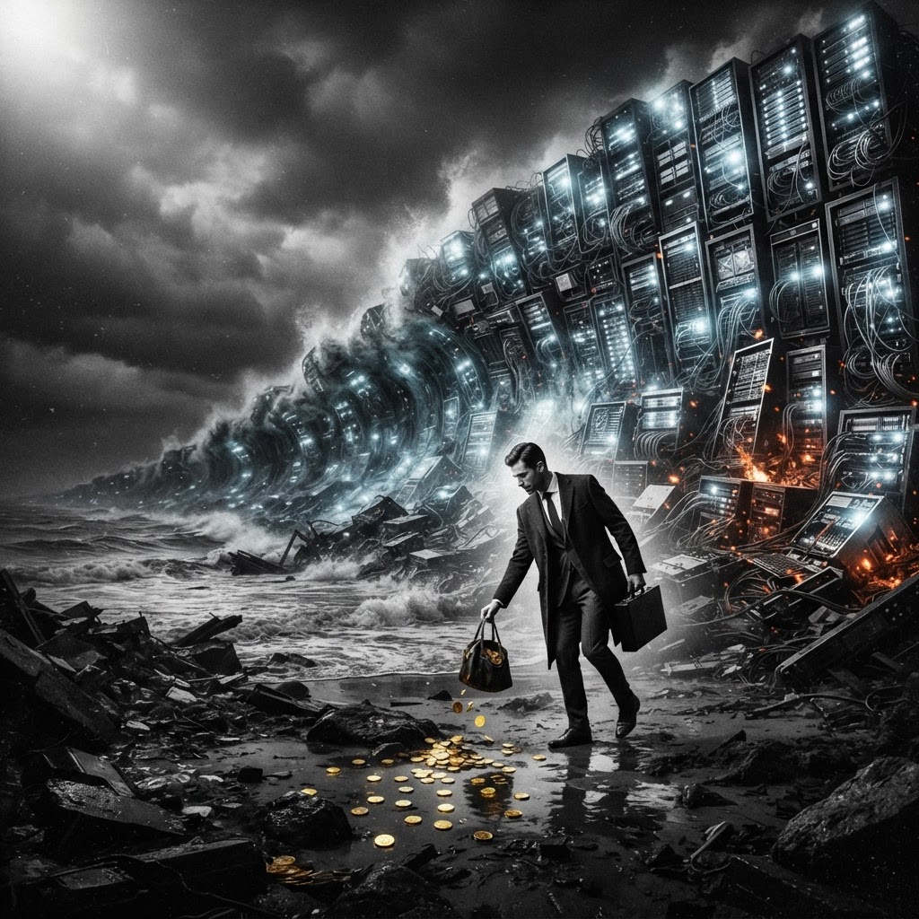 A tidal wave of server racks receding from a shoreline while a lone value investor walks forward picking up gold coins, monochrome editorial style