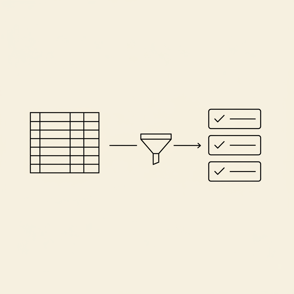 Line-art workflow of a data table flowing through a sieve into a few checked candidate cards