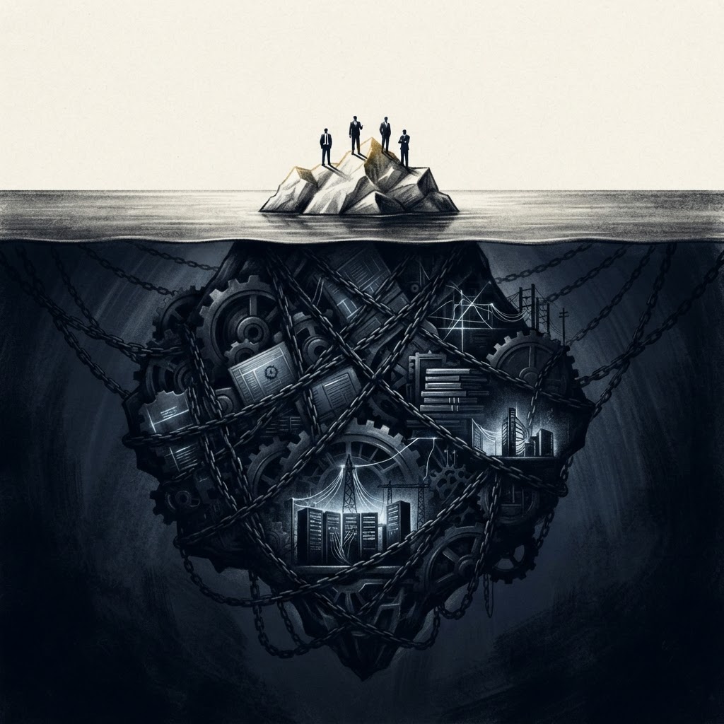A hidden iceberg of financial debt beneath a calm ocean, tiny investors on the small visible tip, an enormous dark mass of private-credit vaults and data centers below the waterline, monochrome editorial style
