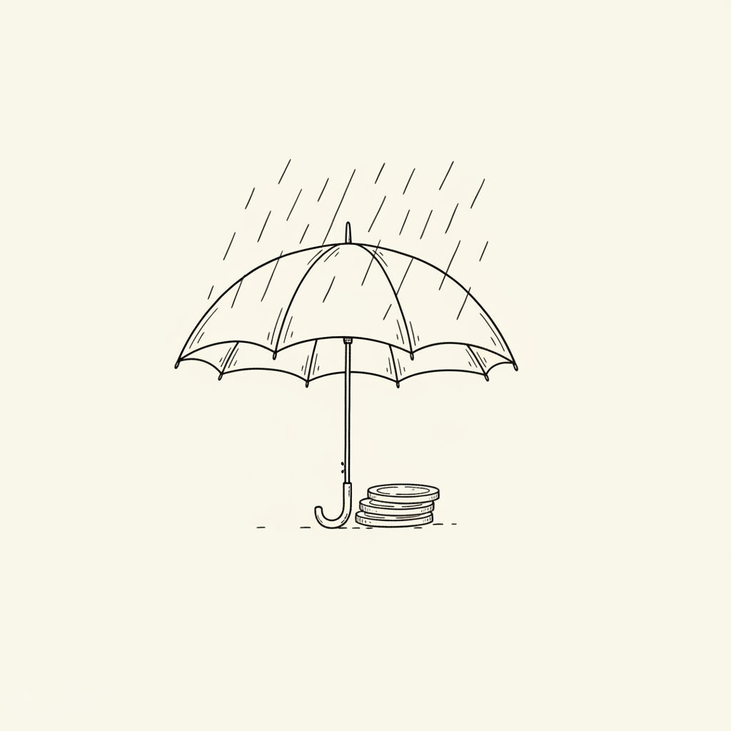 Line-art illustration of an umbrella sheltering a stack of discs from rain