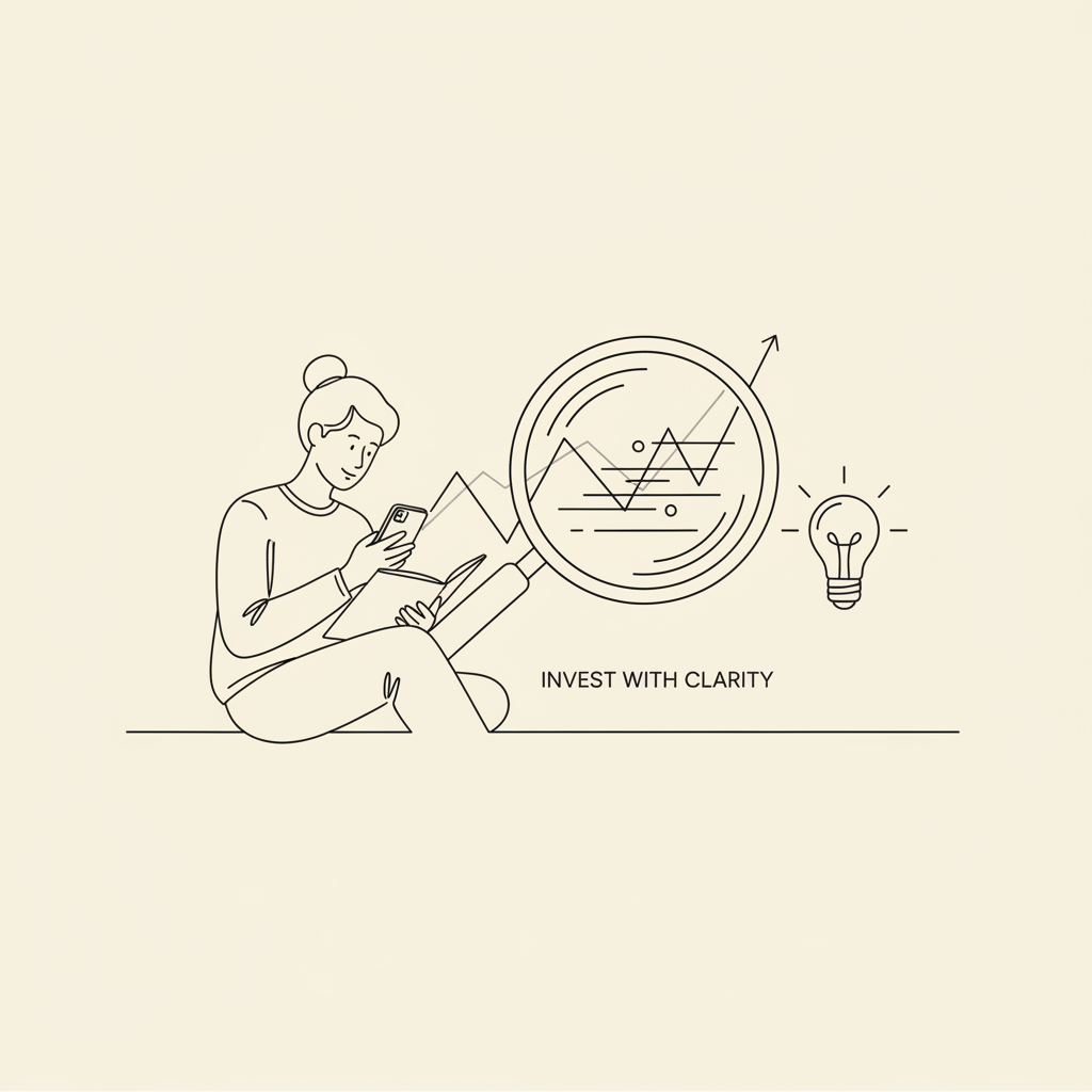 Line-art illustration of an investor finding clarity through a magnifying lens