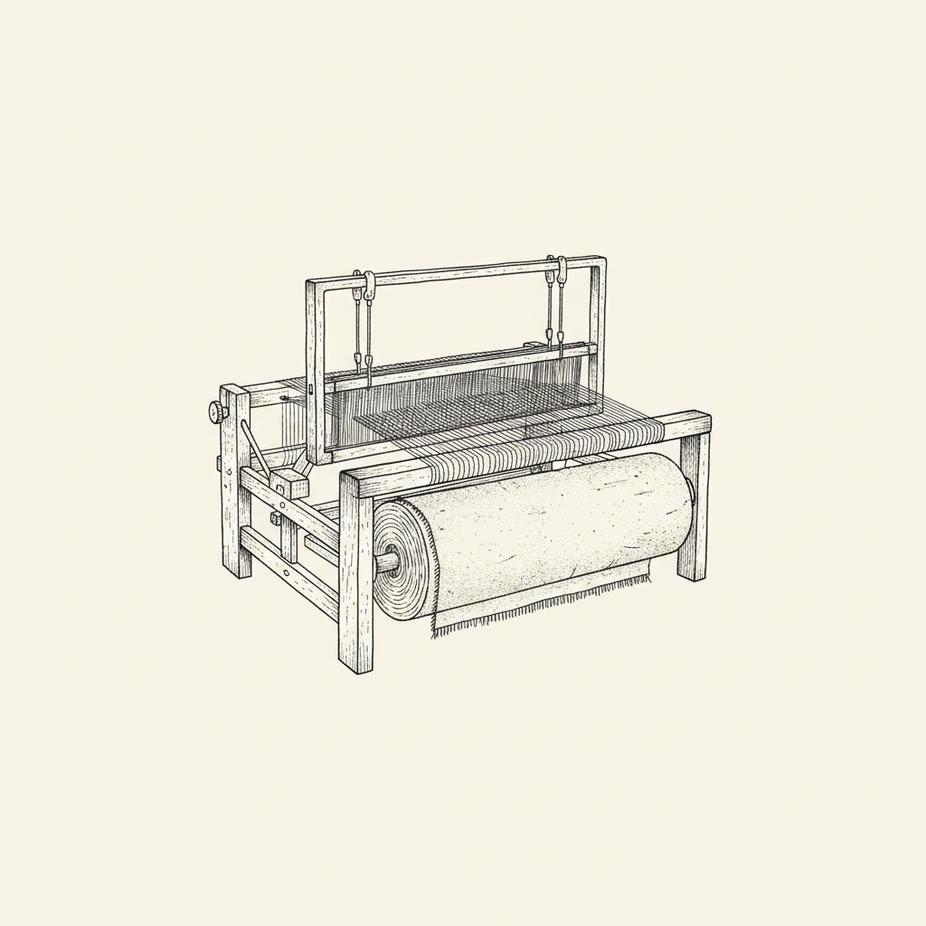 Line-art illustration of an old industrial weaving loom