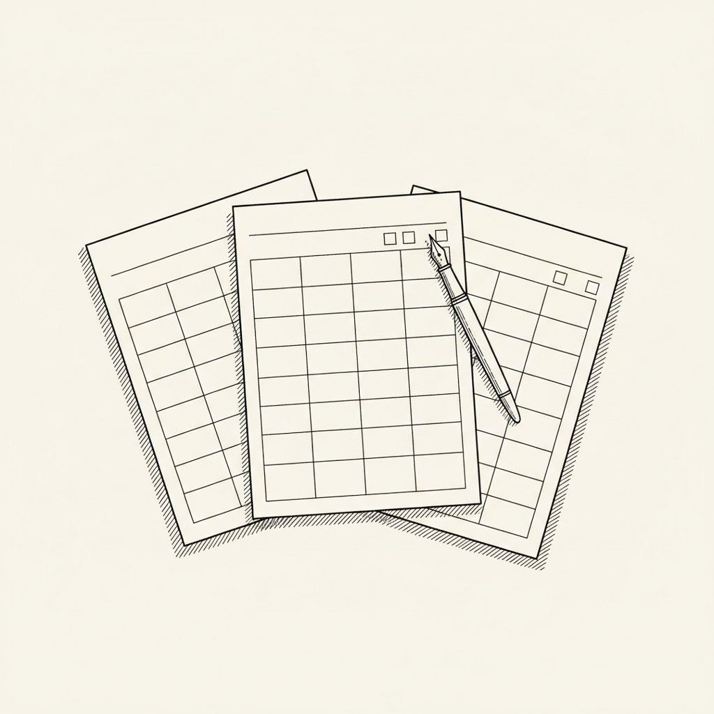 Line-art illustration of blank template sheets with a fountain pen