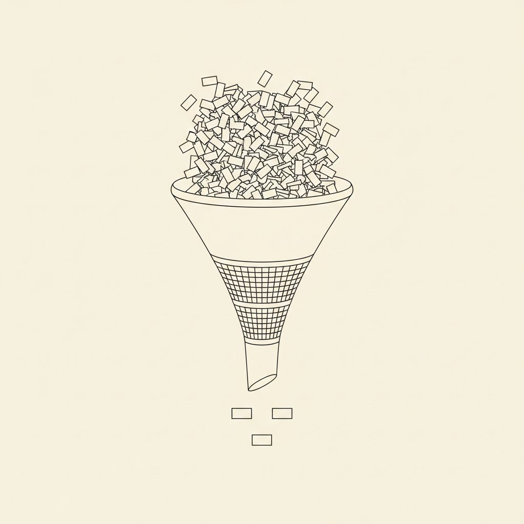 Line-art illustration of a funnel filtering many abstract cards down to a few