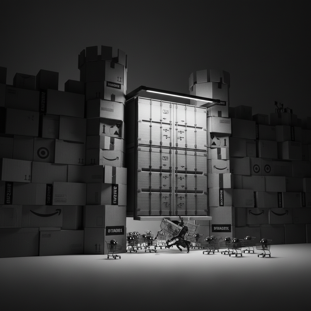 A colossal fortress gate made of stacked shipping boxes slamming shut against a swarm of tiny robotic shopping-cart silhouettes, monochrome editorial style