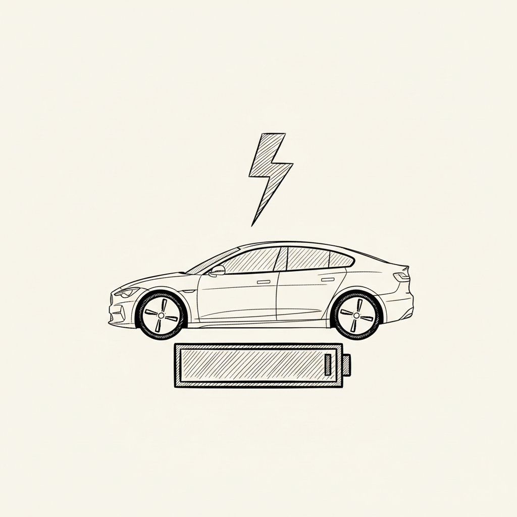 Line-art illustration of an electric car with a battery and lightning bolt