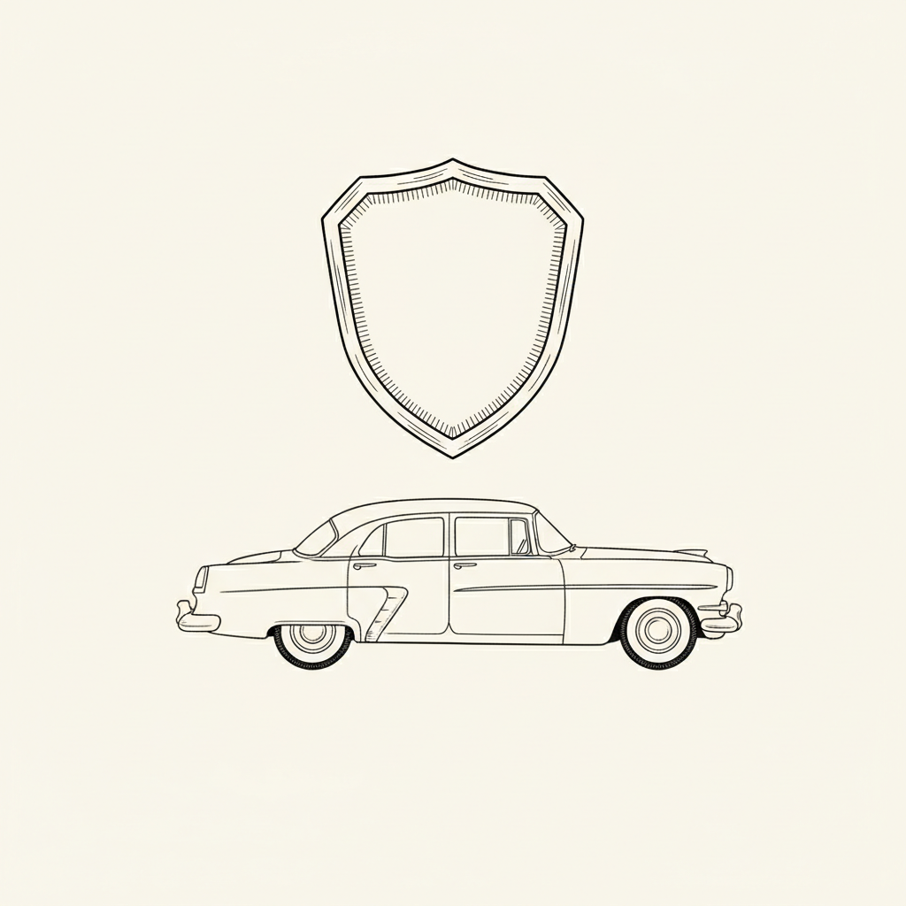 Line-art illustration of a classic car under a protective shield