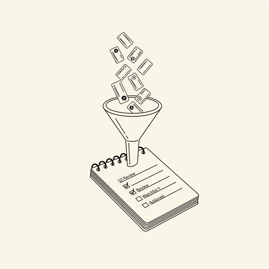 Line-art illustration of a funnel collecting company cards into a notebook checklist with highlights