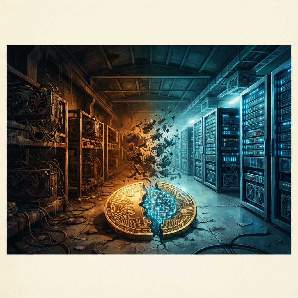 A rusted bitcoin-mining hall transforming into a glowing AI data center, a golden bitcoin cracking in half and morphing into a neural-network brain, dramatic editorial style