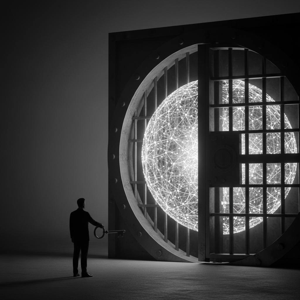 A colossal glowing AI neural orb being locked inside a government vault door, monochrome silhouette editorial style