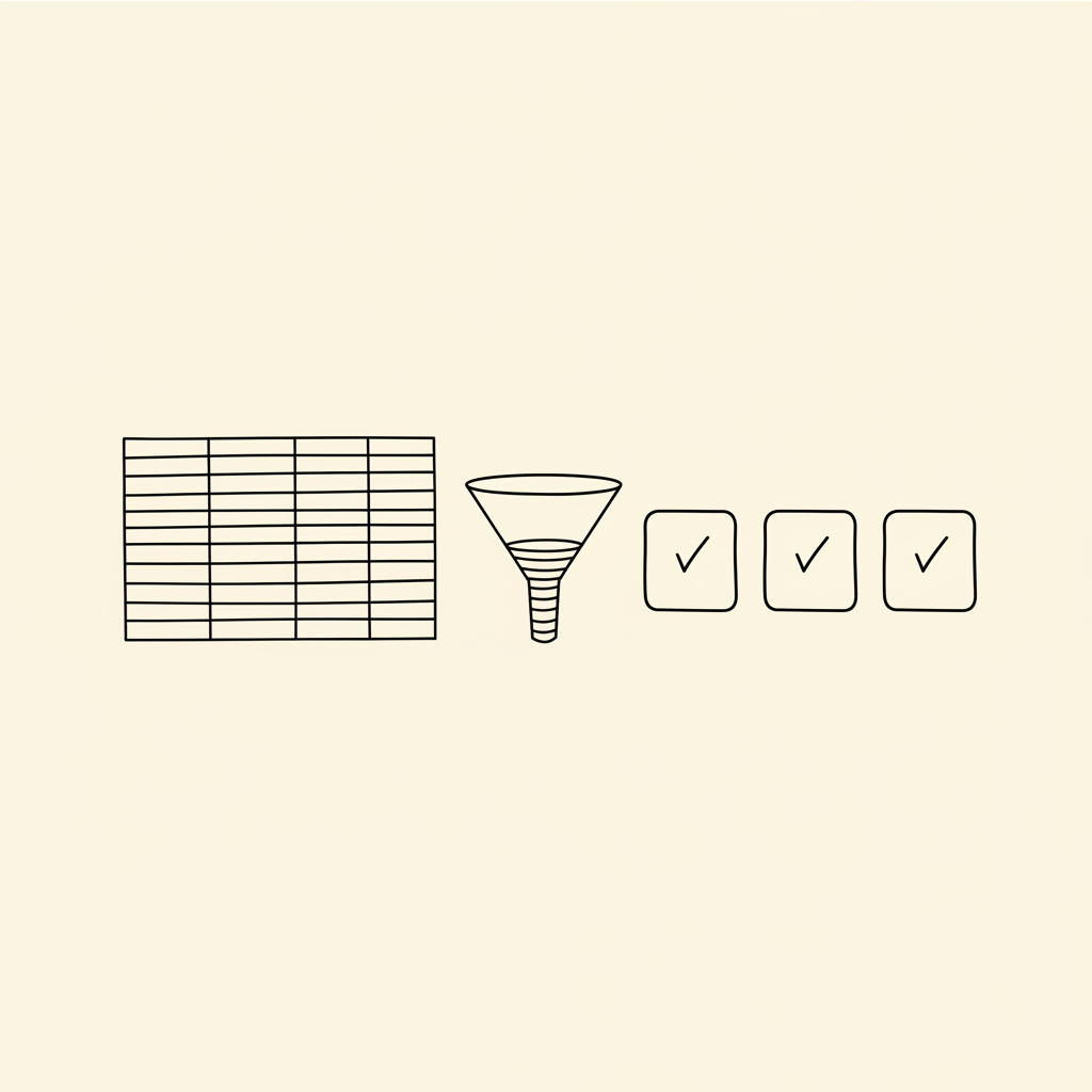 Line-art workflow of a metrics table filtered through a sieve into a few checked candidate cards