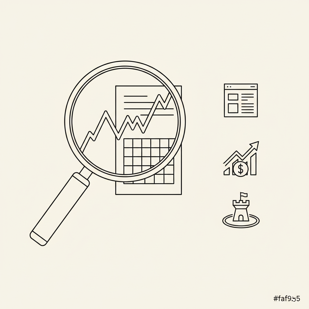 Line-art magnifying glass examining a stock chart and financial document