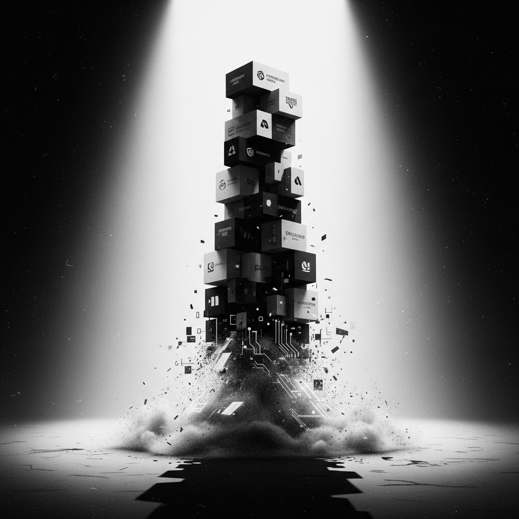 A towering stack of corporate software subscription boxes dissolving into digital circuitry, monochrome silhouette style