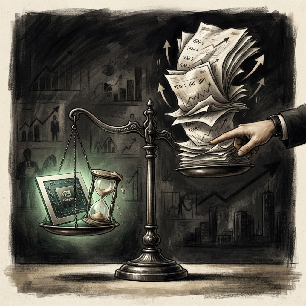 A balance scale tilting between a short-lived glowing AI chip shown as a wilting hourglass and a tall stack of inflated paper profit reports floating like balloons, an accountant's hand pressing one side, editorial style