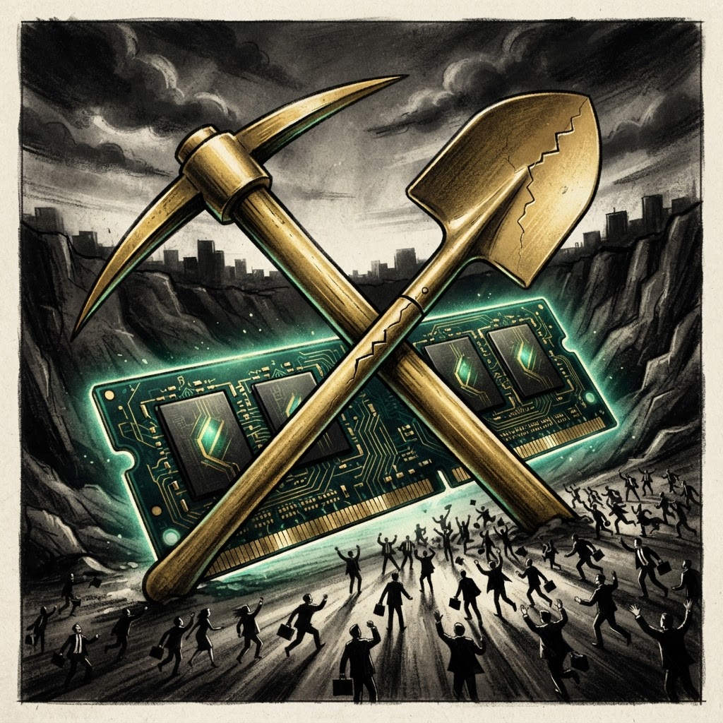 A colossal golden pickaxe and shovel crossed over a memory chip, the shovel cracking along a cyclical fault line while investors rush toward the chip, dramatic editorial style