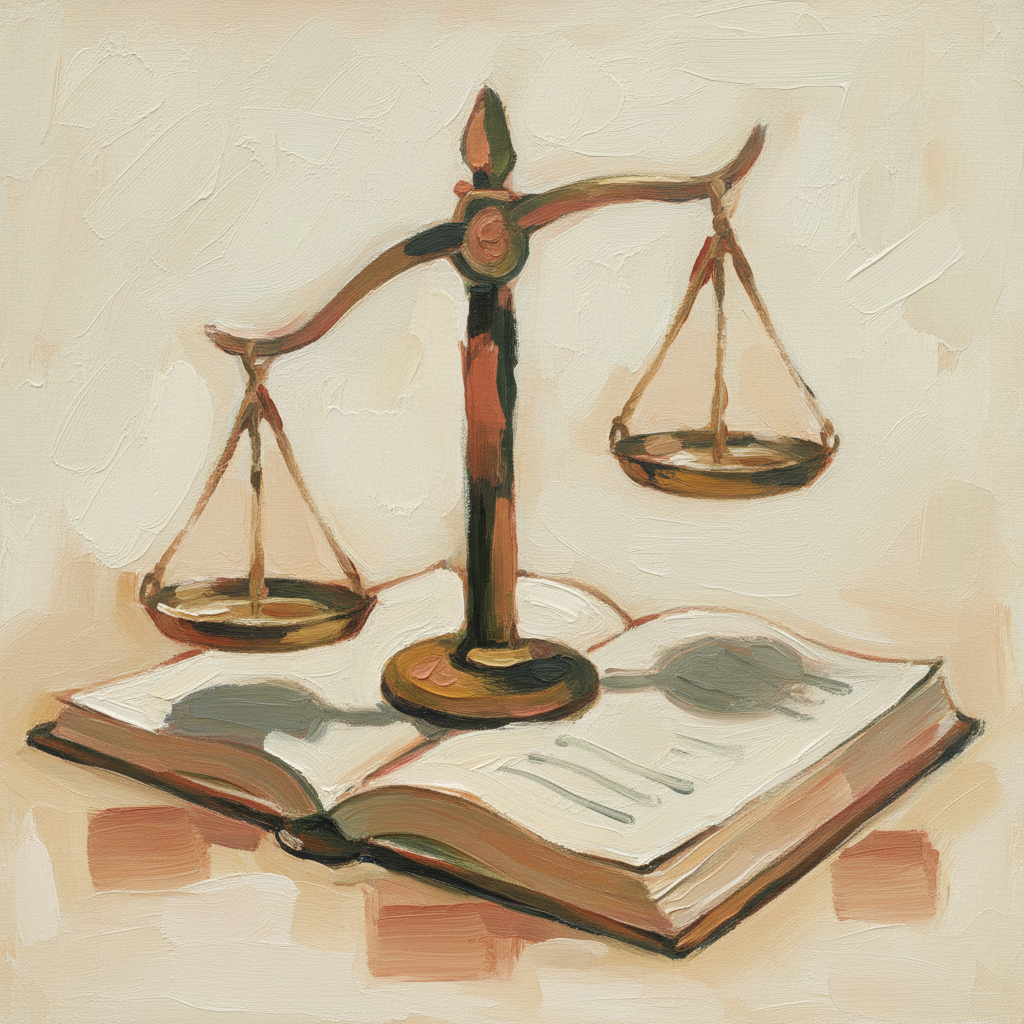 Line-art illustration of a balanced scale on an open contract