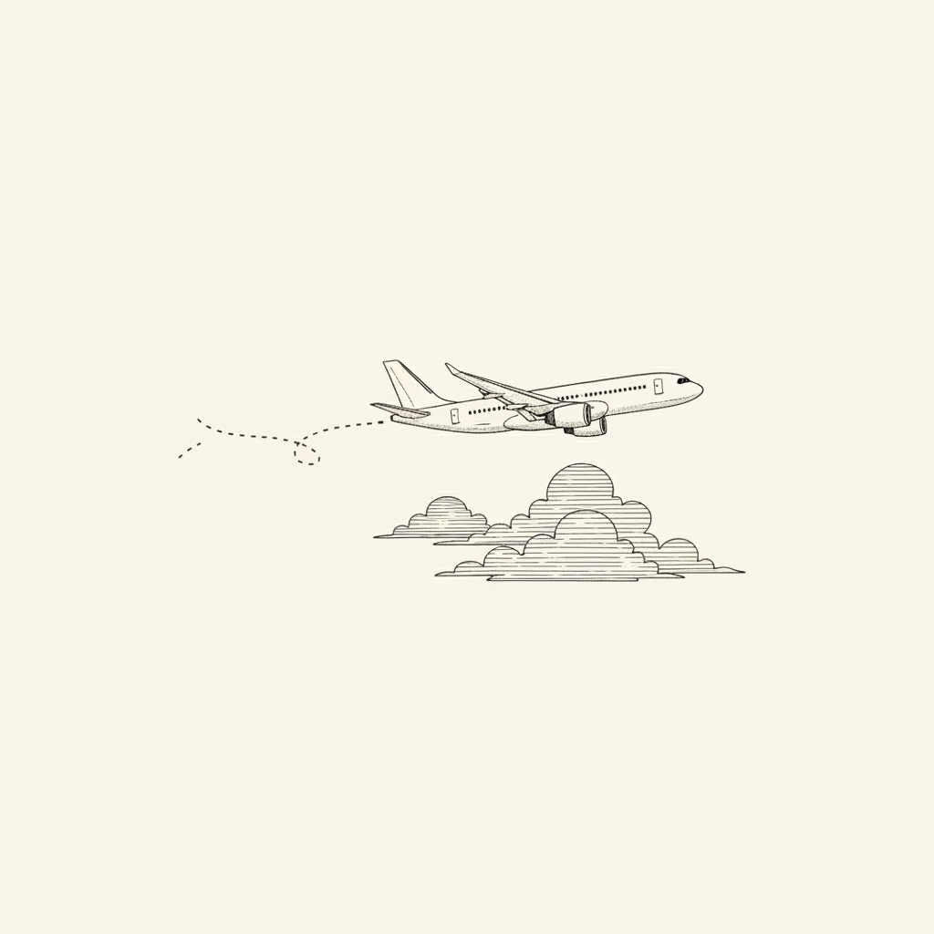 Line-art illustration of an airplane gliding down a dotted descending path