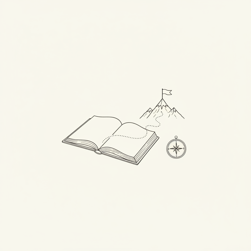 Line-art illustration of an open book with a path leading to a mountain peak
