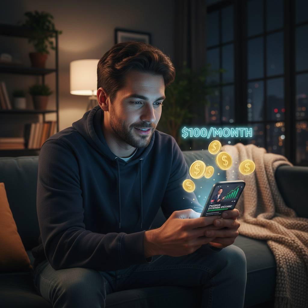 A young retail investor watching a viral dividend-income video on a phone at night