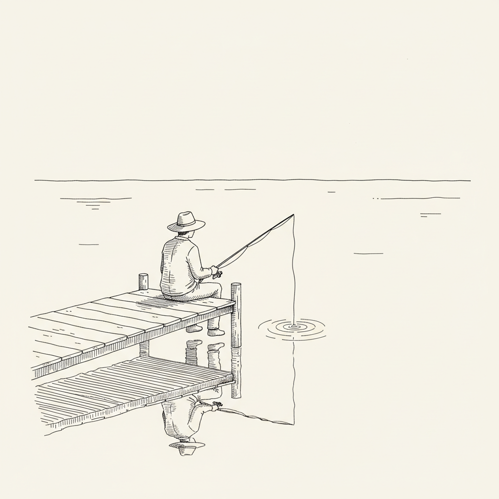 Line-art illustration of a figure calmly fishing on a still lake