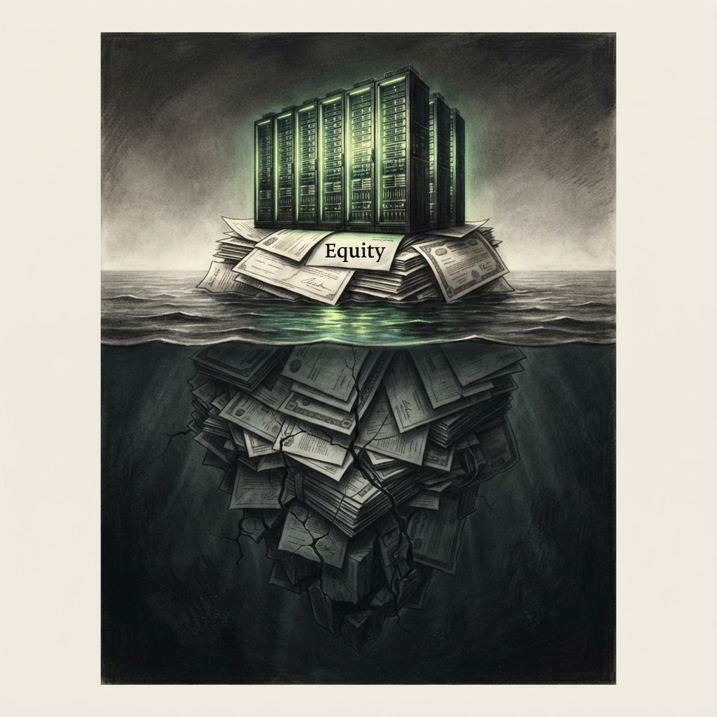 A colossal glowing AI data center built on a cracking foundation of stacked debt documents, with a hidden debt structure looming underwater like an iceberg, dramatic editorial style
