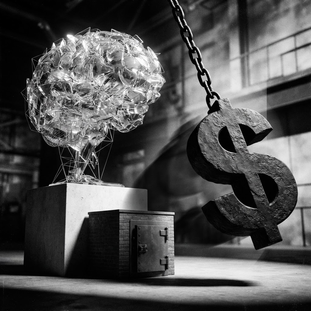 A giant dollar-sign pendulum swinging away from a fragile glass AI brain toward a solid brick vault, monochrome editorial style