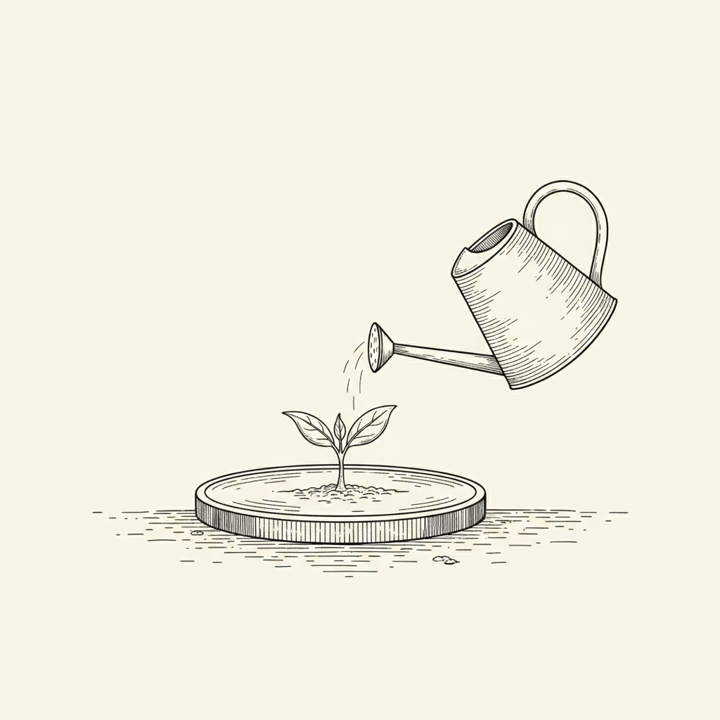 Line-art illustration of a plant sprouting from a coin