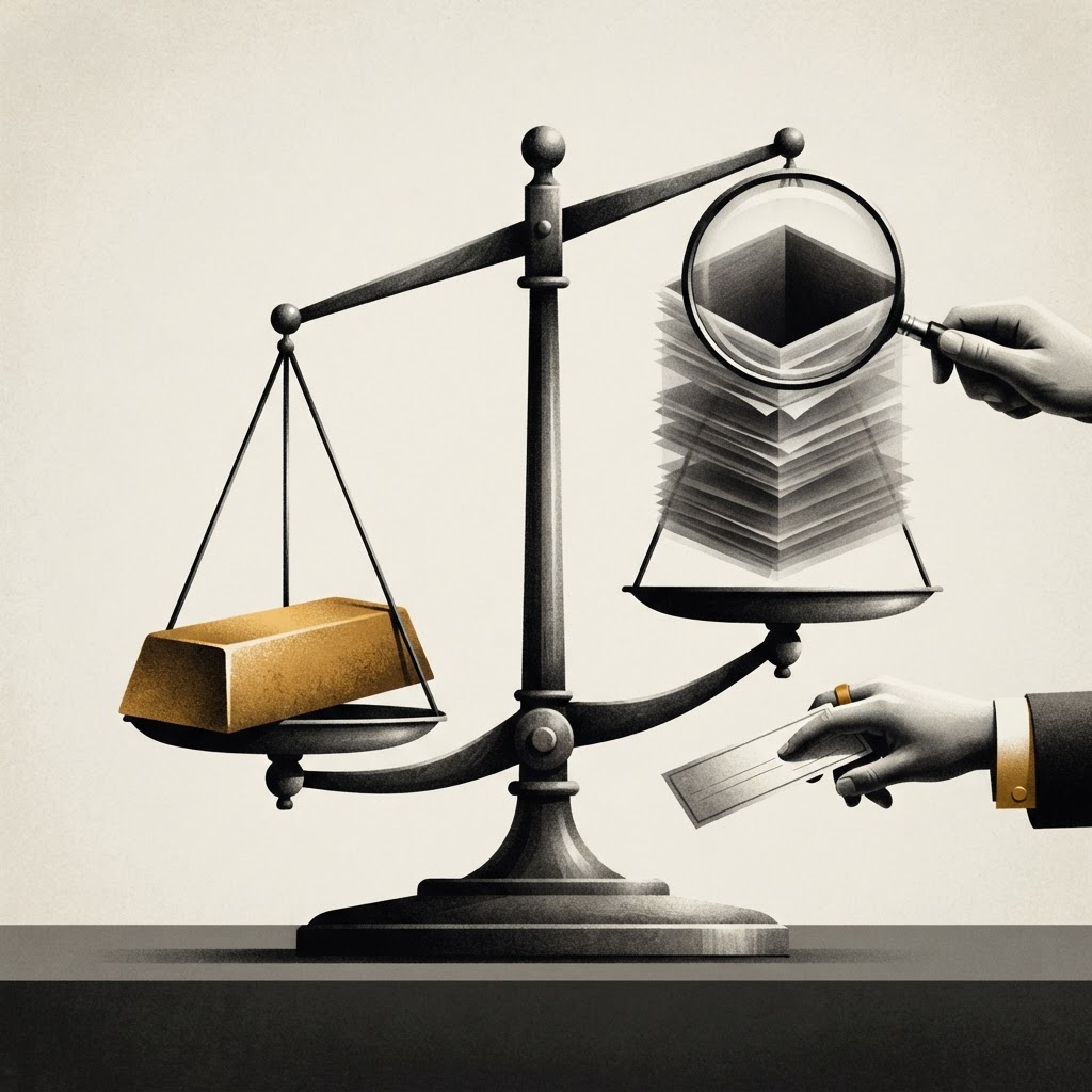 A balance scale weighing a solid gold ingot of real operating cash against a hollow floating stack of profit reports propped up by a government subsidy check, an investor magnifying glass revealing the hollow side is empty, editorial style