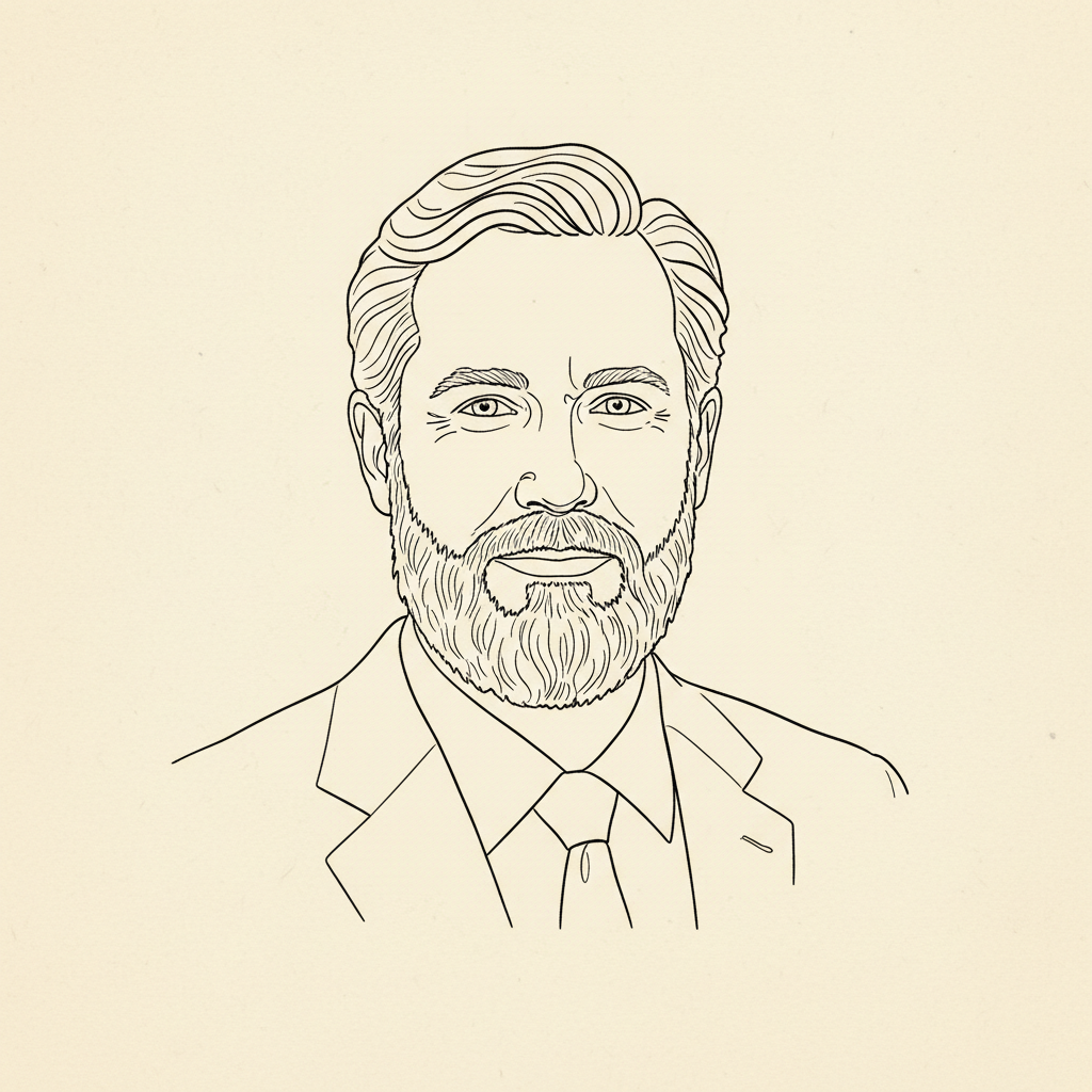 Ink sketch portrait of Ken Fisher