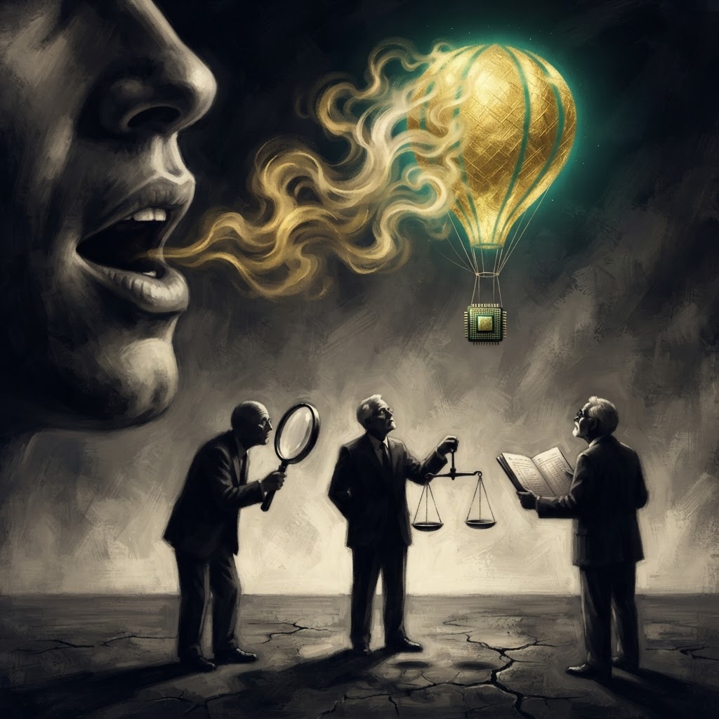 A single spoken word becomes a golden balloon lifting a chip into the sky while three shadowed master investors look up skeptically holding a magnifying glass, scale and ledger, monochrome editorial style