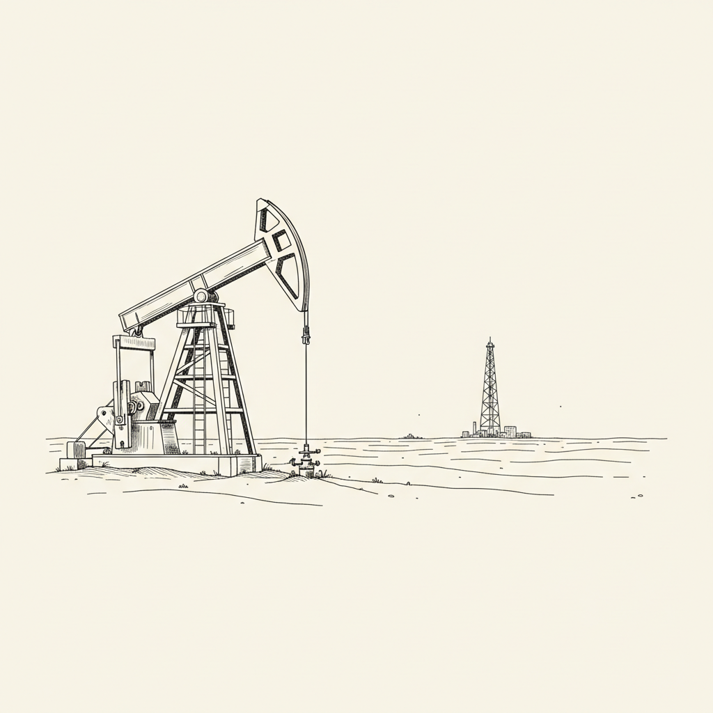 Line-art illustration of an oil pump jack on a quiet field