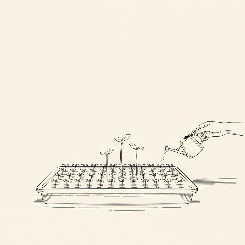 Line-art illustration of trays of small seedlings being watered