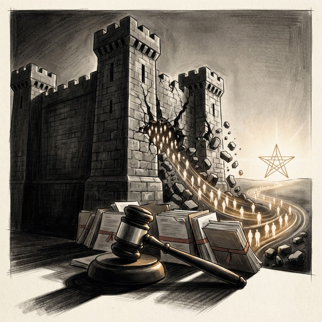 A crumbling fortress moat with glowing employee silhouettes draining toward a rival AI beacon, while a legal gavel and lawsuit documents prop up a last fragile wall, dramatic editorial style