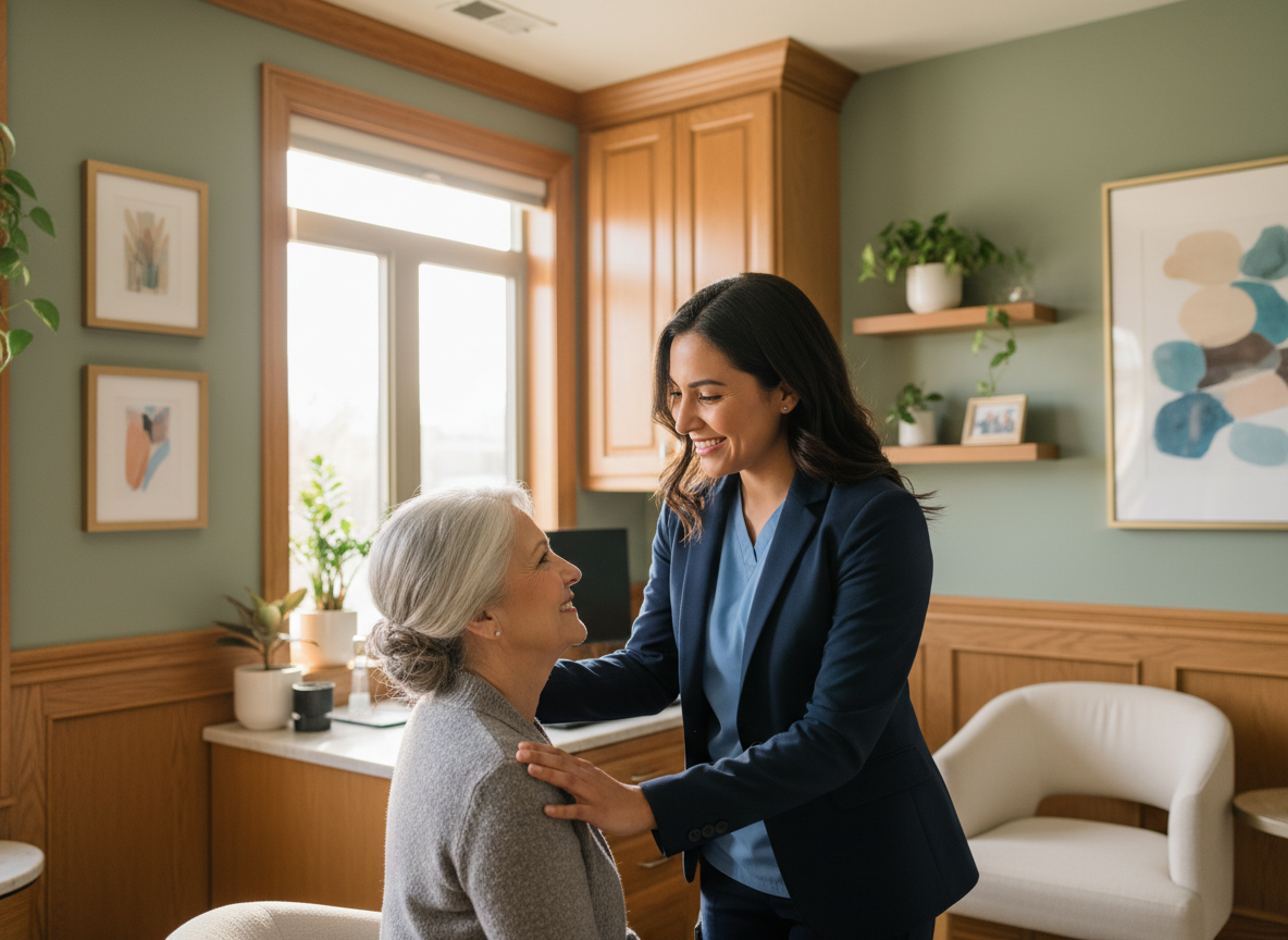 Dr. Monica Cordova interacting warmly with a patient in her office