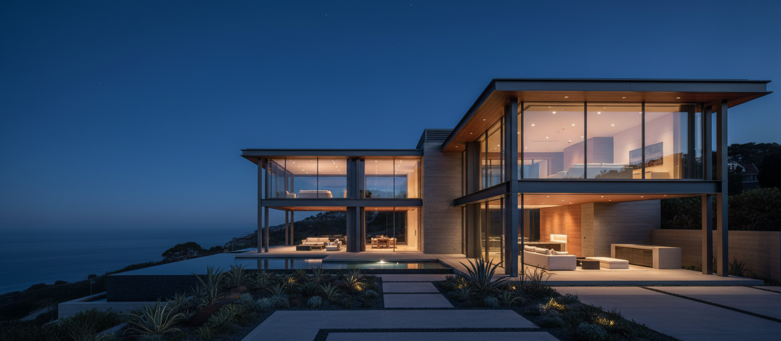 Luxury restored San Diego estate at dusk