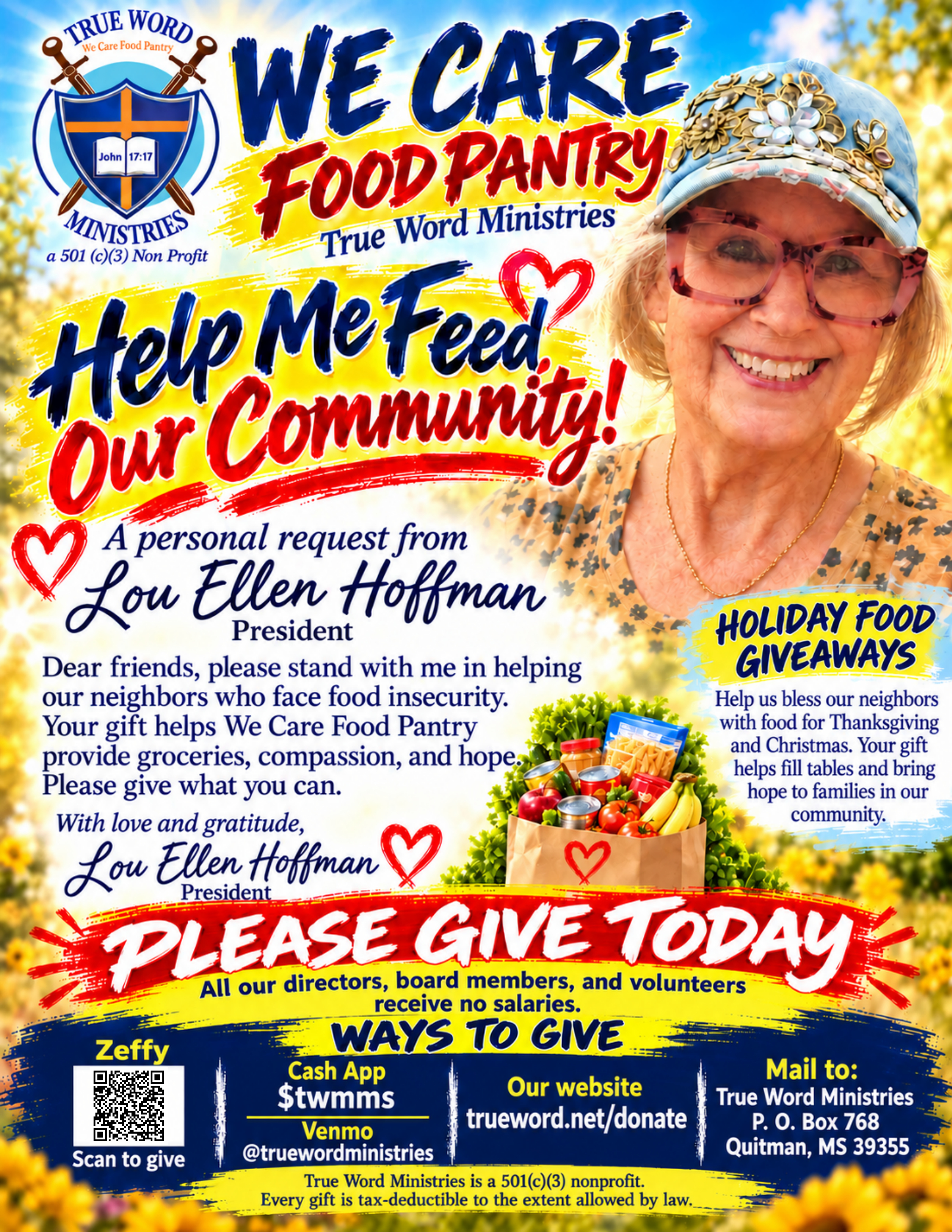 We Care Food Pantry holiday donation flyer with a personal request from Lou Ellen Hoffman, President