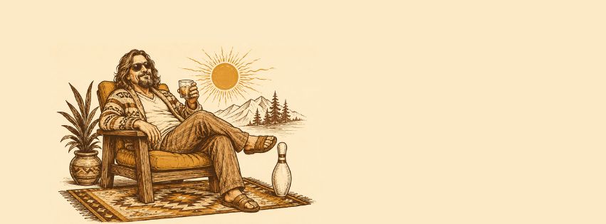 Illustration of a man relaxing in a chair with a drink, sunny mountain background