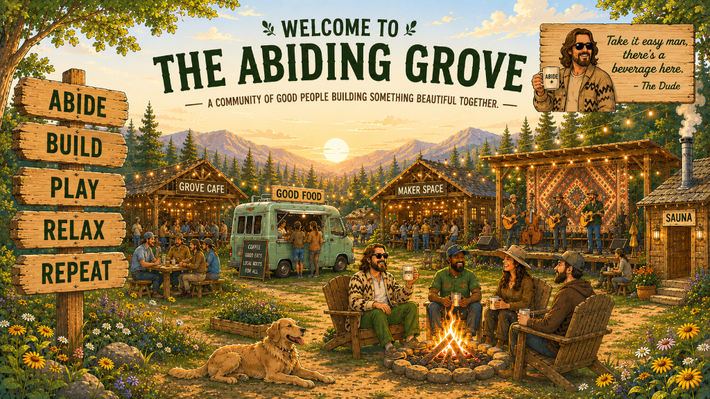 Welcome to The Abiding Grove — a community gathering around a fire with the Dude, the Grove Cafe, Maker Space, and Good Food truck in a warm forest setting.