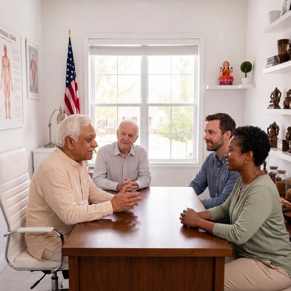 Anand Patel sitting with people he is helping