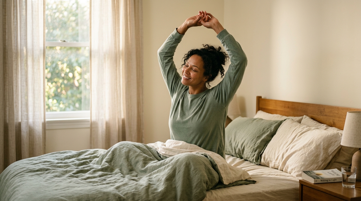 Woman waking up and stretching in soft morning light