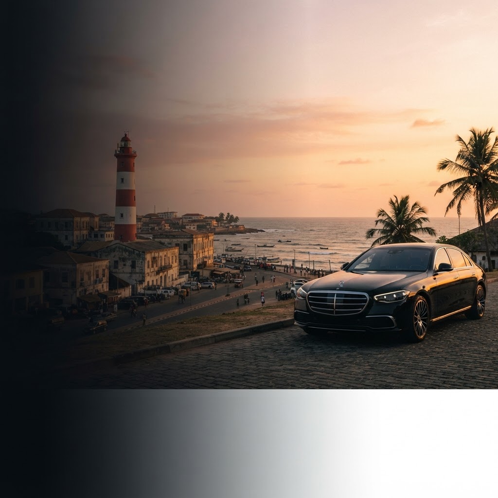 Black Mercedes-Benz S-Class with a wide Accra, Ghana Jamestown Lighthouse backdrop at golden hour