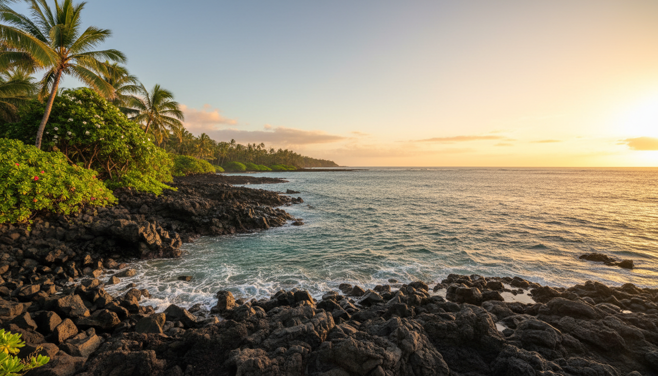 Kona coastline at golden hour on the Big Island of Hawaii
