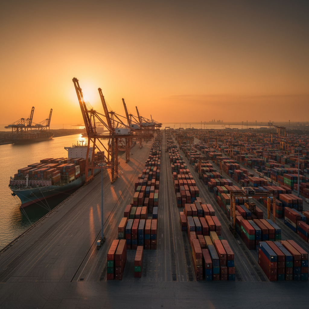 Massive shipping port at golden hour - the scale of global trade